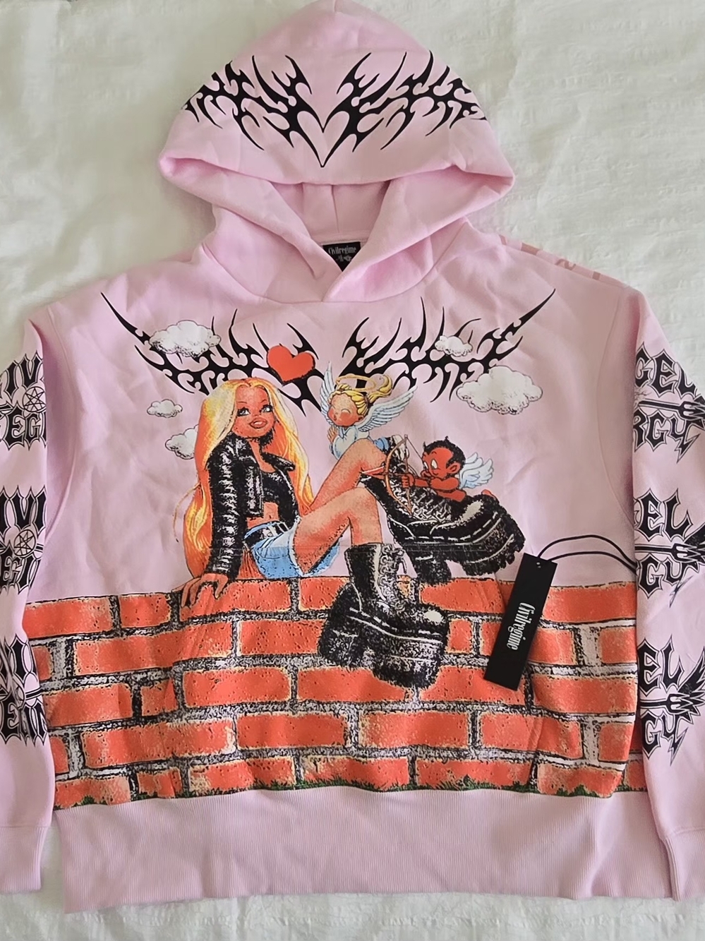 Civilregime Pink Graphic Hoodie Sweater with Brick and Angel Motif